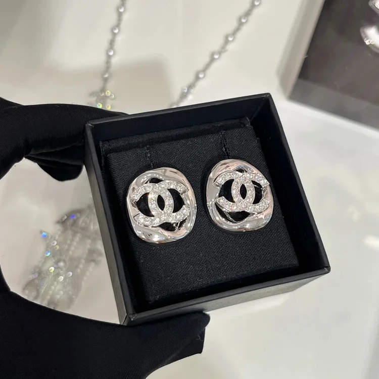 Celine silver full diamond double C hollow square earrings