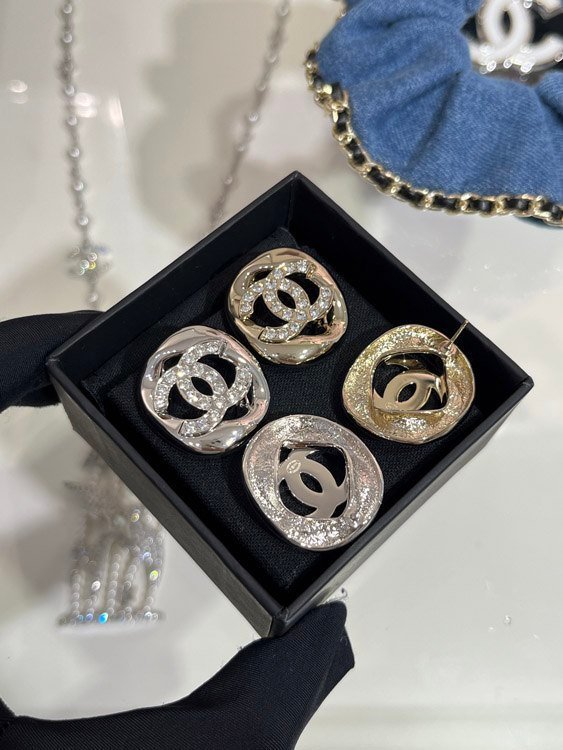 Celine silver full diamond double C hollow square earrings