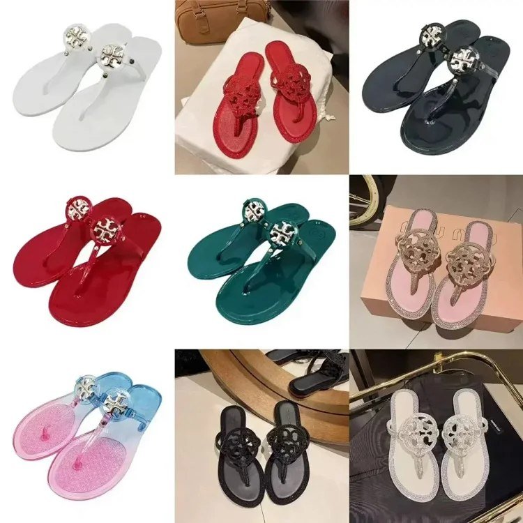 Tory Bury New diamond flat bottom women's slippers ins fashionable beach thong toe rivet rhinestone flip flops